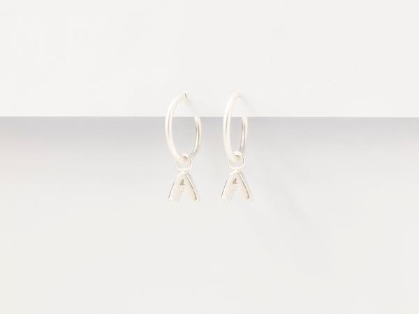 Letter Charm Hoops Silver