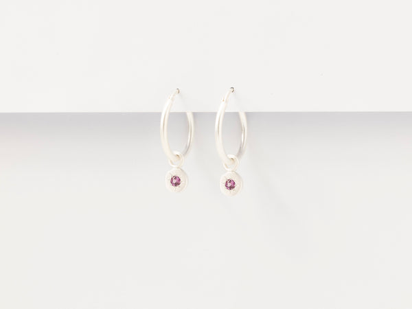 Round Birthstone Charm Hoops Silver