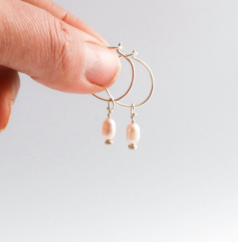 Mini pearl hoops silver - ready to ship