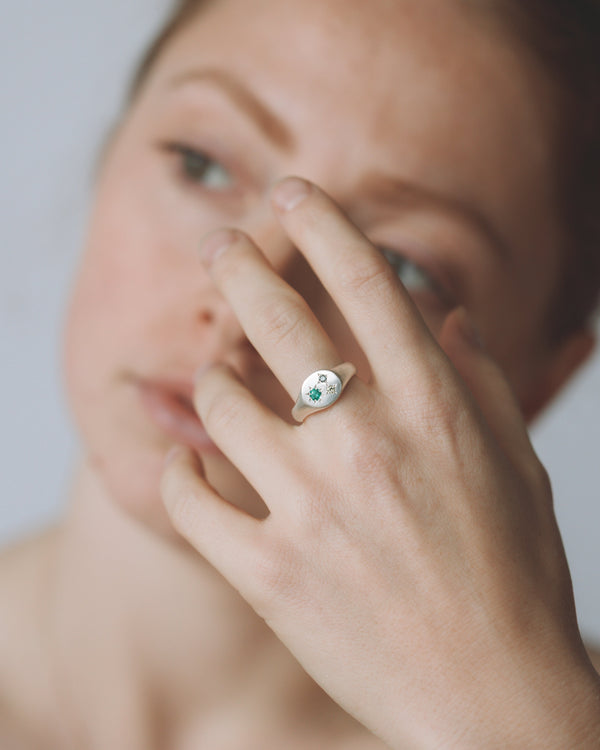 Mini round birthstone signet silver