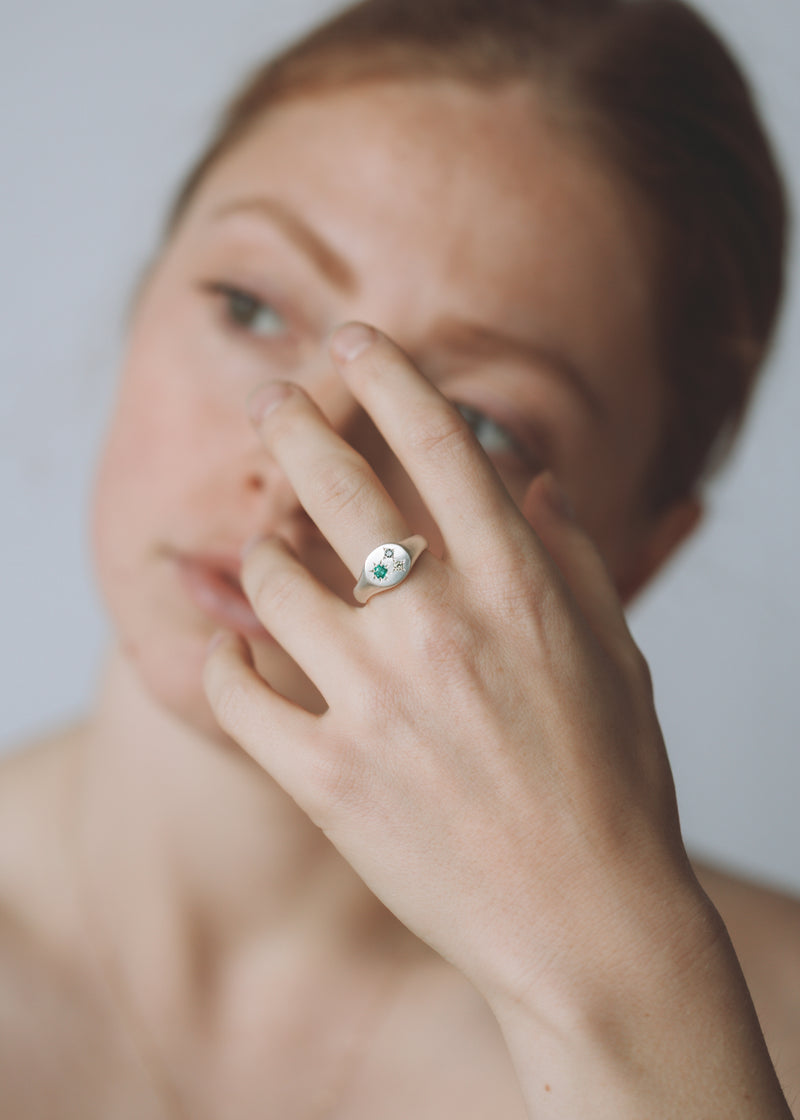 Mini round birthstone signet silver