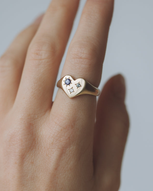Mini love heart birthstone signet gold