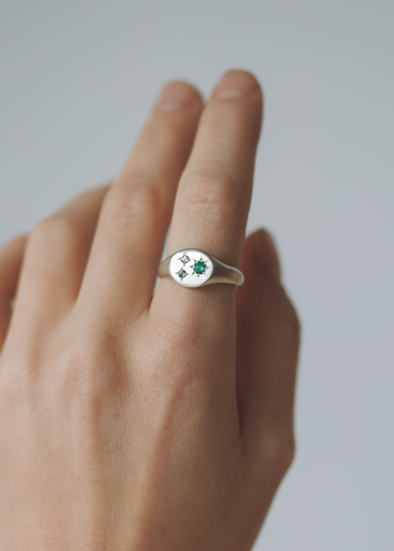 Mini round birthstone signet silver